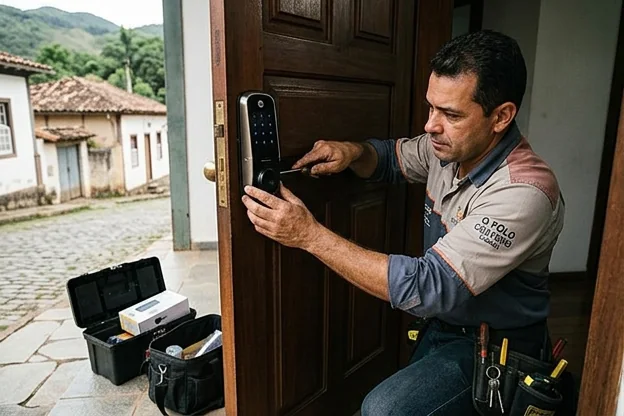 Fechadura digital instalada em uma porta em um ambiente profissional.
