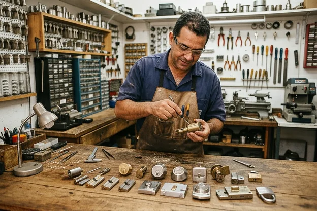 Profissional analisando diversas fechaduras em um ambiente de trabalho.